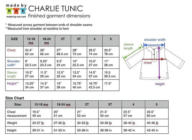 Charlie Tunic size & finished measurements charts