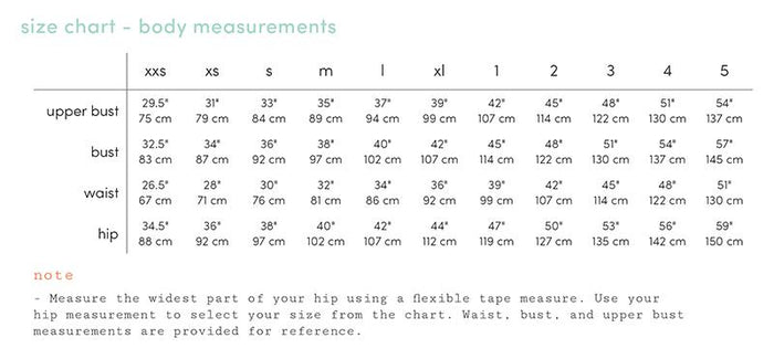 luna size chart - body measurements