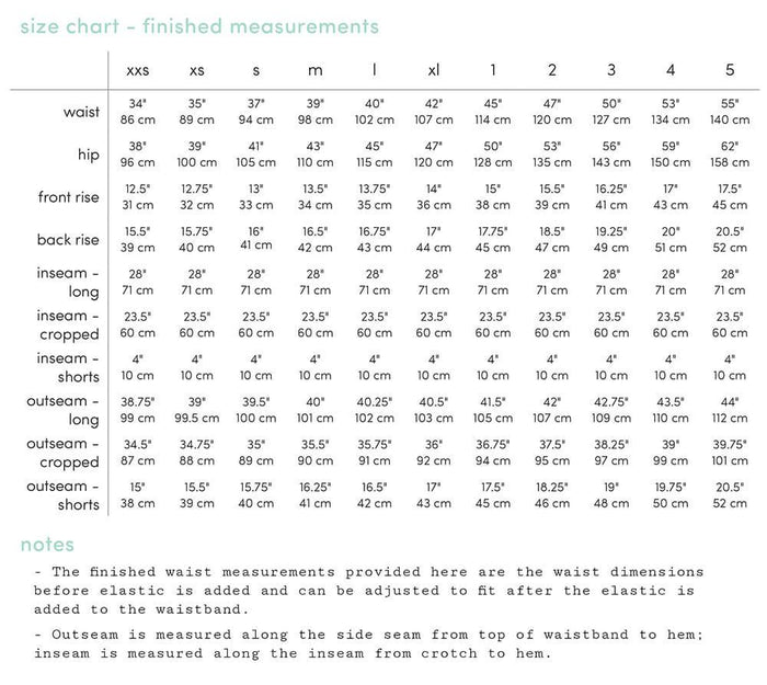 Rose - Size Chart - Finished Measurements