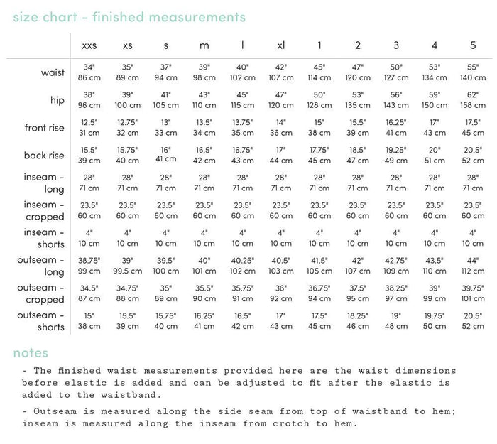 Rose - Size Chart - Finished Measurements