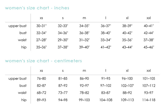 Josephine size chart - inches and metric