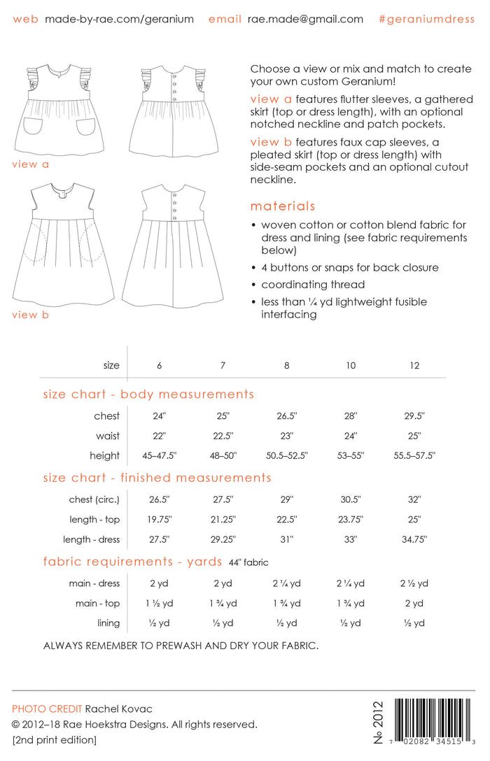 Made By Rae Geranium Dress Printed sewing pattern children's sizes 6-12 back cover