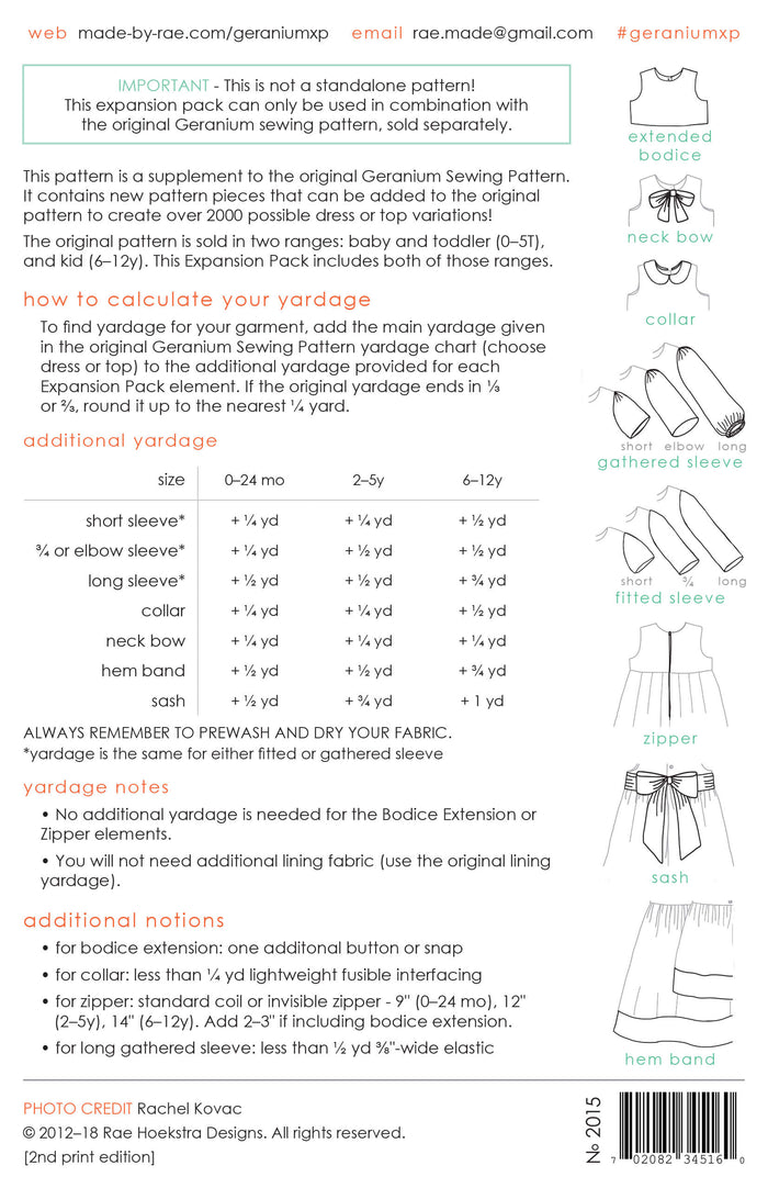 Made By Rae Geranium Dress Expansion Pack printed sewing pattern children's sizes 0-12 back cover