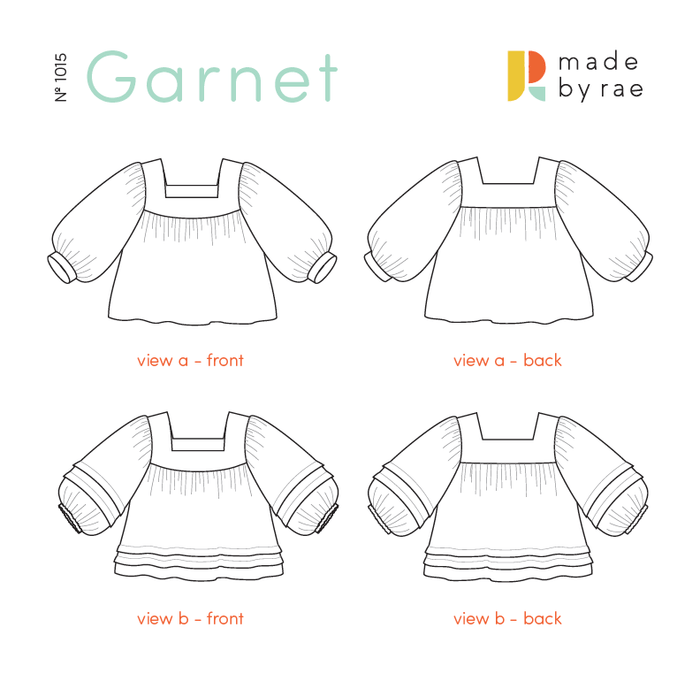 Four diagrams are shown for Garnet - view a front and back, and view b front and back. The garment features a square neckline, gathered sleeves and body, and tucks on view b