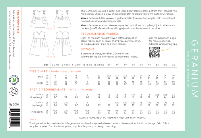 Geranium Dress (ALL SIZES) - PRINTED PATTERN (NEW!)