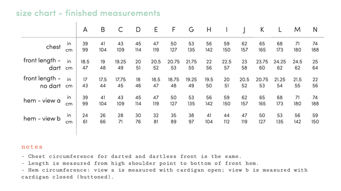 A chart listing finished garment measurements for Citrine