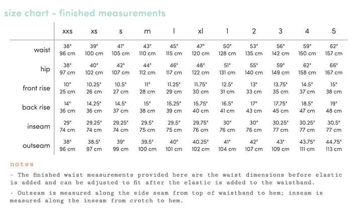luna size chart - finished measurements