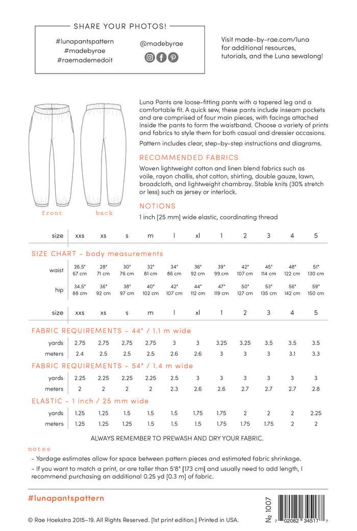 Luna Pants PRINTED Sewing Pattern | Made by Rae | back cover
