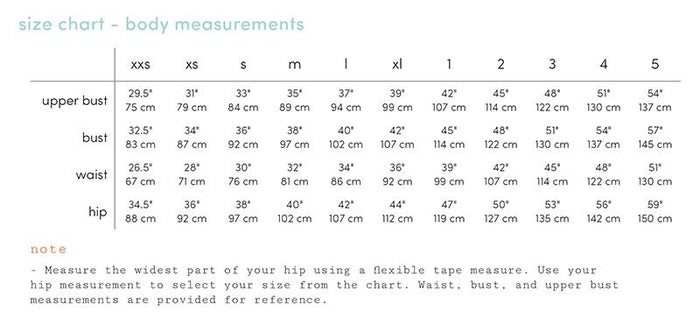 luna size chart - body measurements