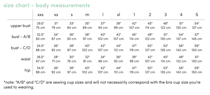 Made By Rae Washi sewing pattern size chart - body measurements