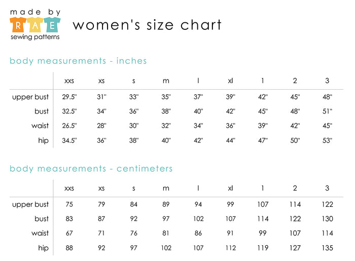 Made By Rae Women's Size Chart - metric + inches