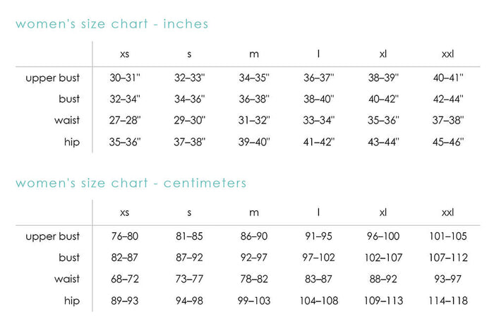 Beatrix size chart - inches and centimeters
